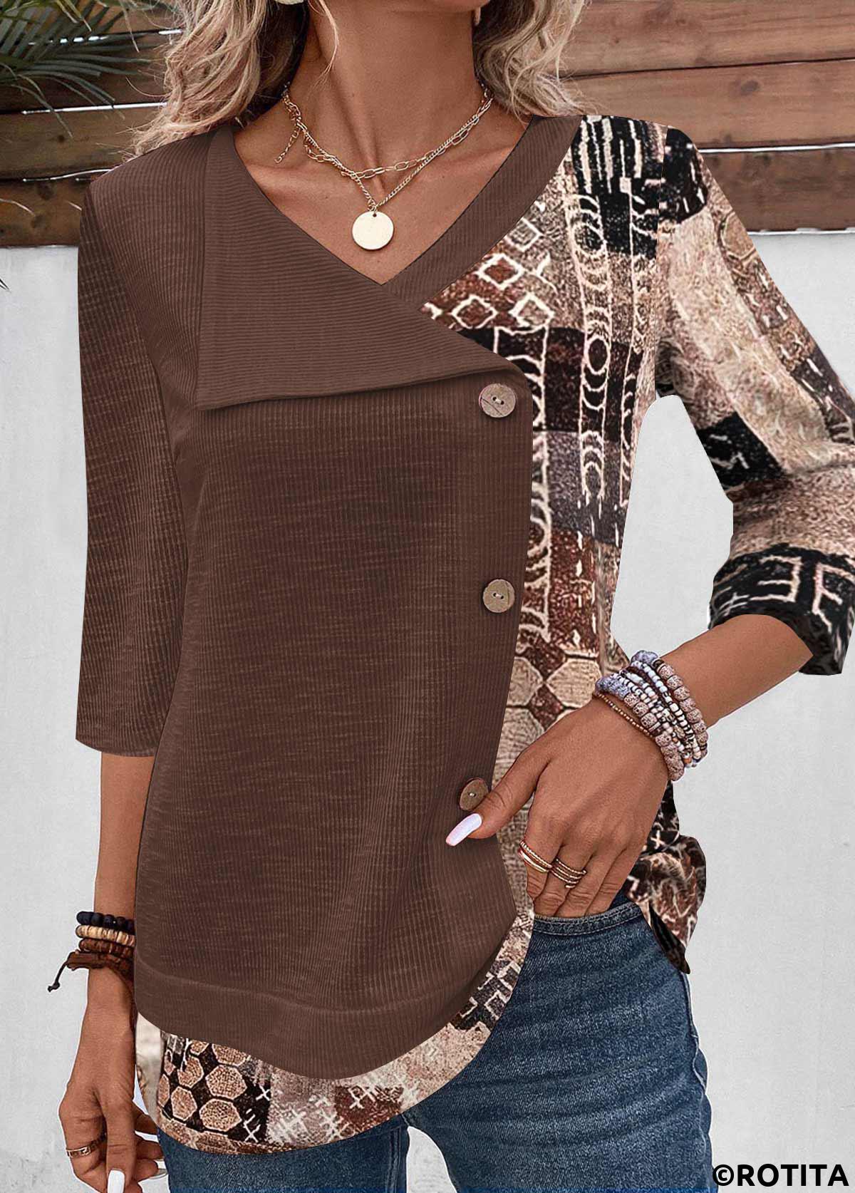 Light Coffee tops,Geometric tops,Striped tops,ROTITA Patchwork Geometric Print Light Coffee T Shirt
