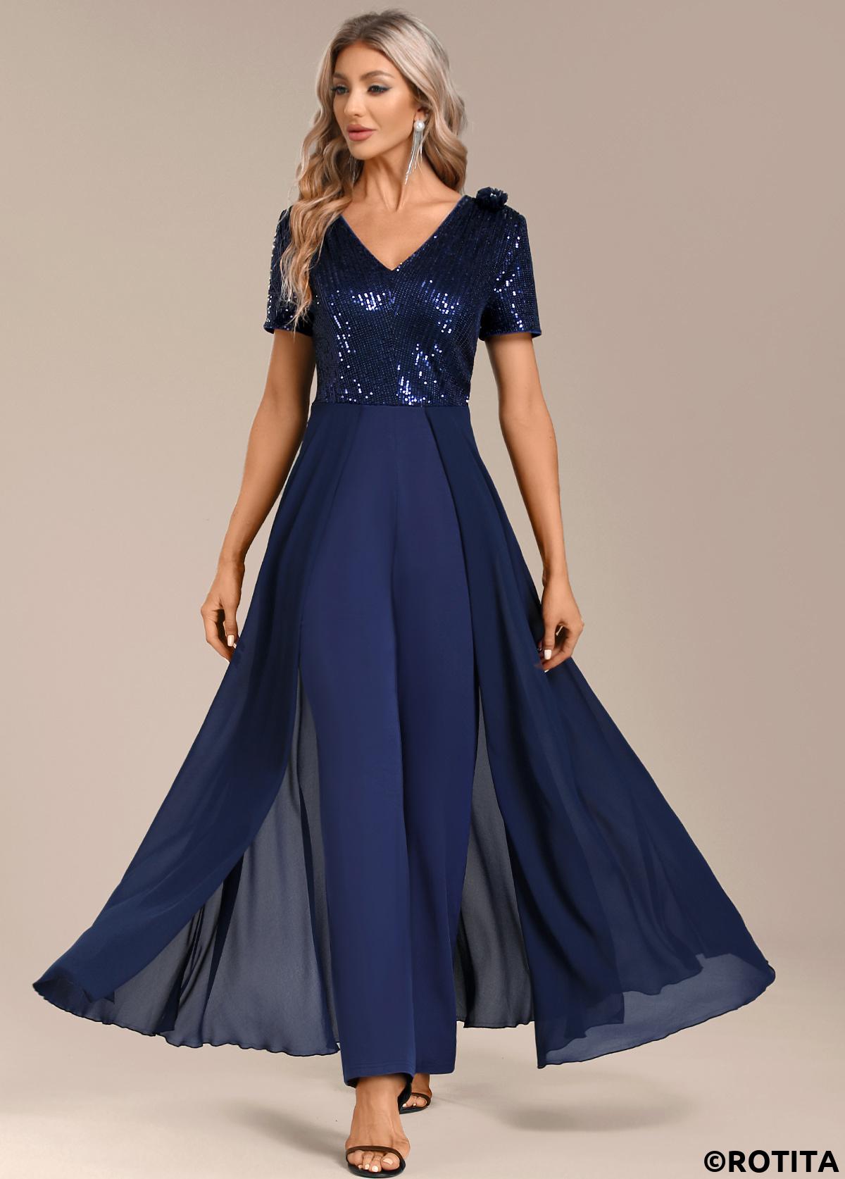 Navy jumpsuits&rompers,Plain Color jumpsuits&rompers,ROTITA Sequin Navy Long V Neck Short Sleeve Jumpsuit