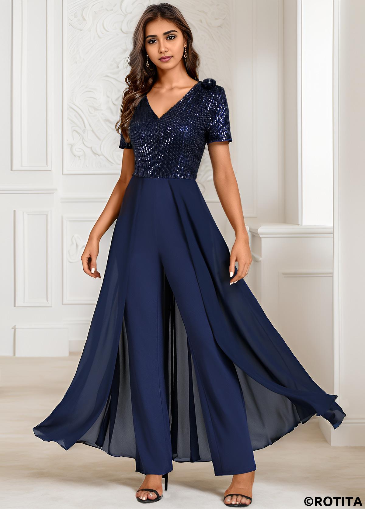 Navy jumpsuits&rompers,Plain Color jumpsuits&rompers,ROTITA Sequin Navy Long V Neck Short Sleeve Jumpsuit