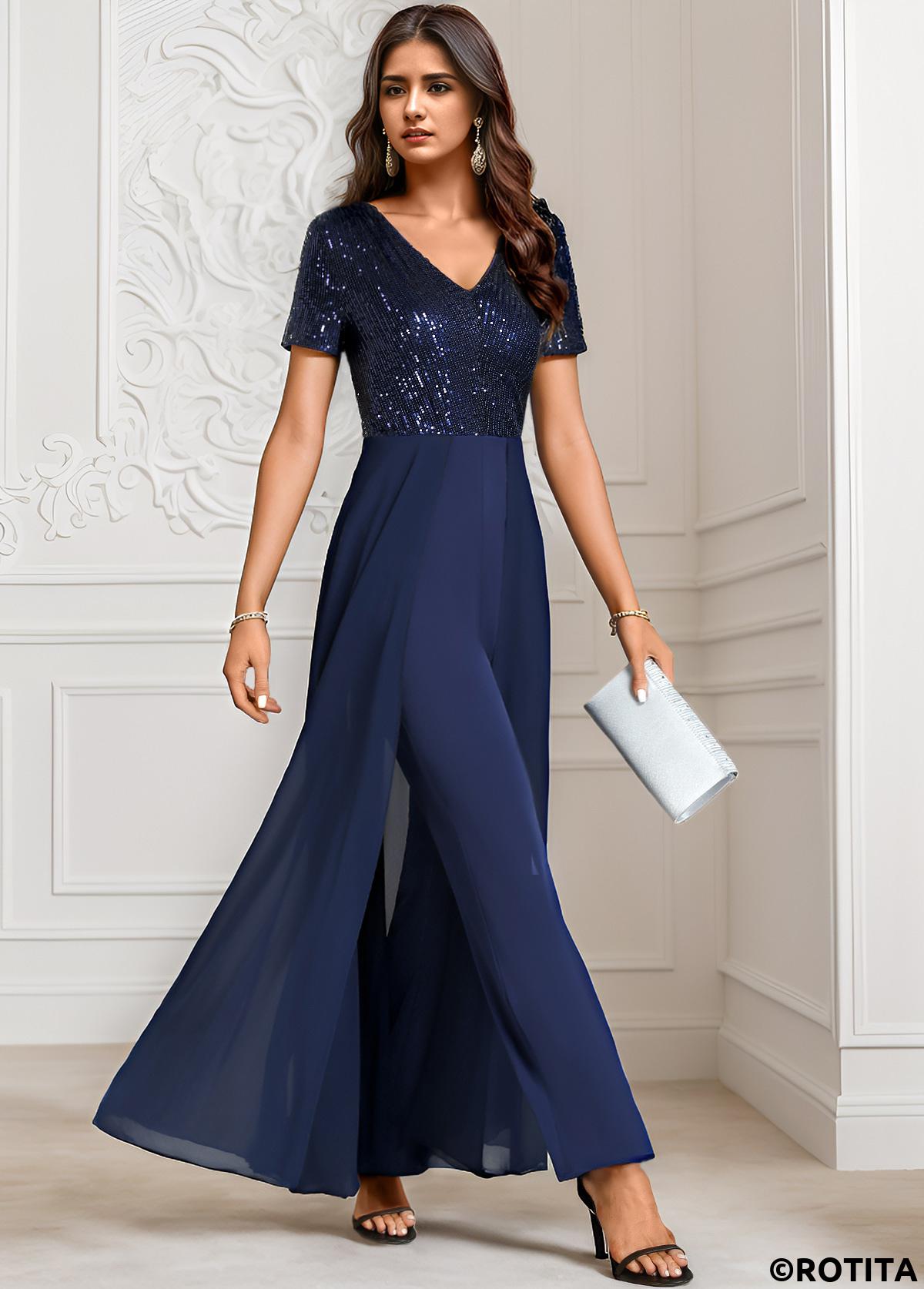 Navy jumpsuits&rompers,Plain Color jumpsuits&rompers,ROTITA Sequin Navy Long V Neck Short Sleeve Jumpsuit