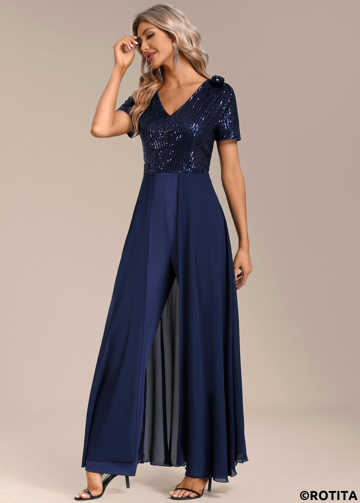 Navy jumpsuits&rompers,Plain Color jumpsuits&rompers,ROTITA Sequin Navy Long V Neck Short Sleeve Jumpsuit