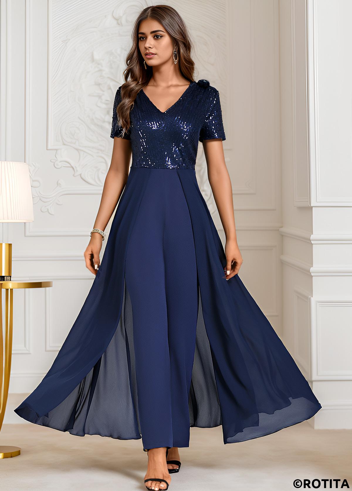 Navy jumpsuits&rompers,Plain Color jumpsuits&rompers,ROTITA Sequin Navy Long V Neck Short Sleeve Jumpsuit