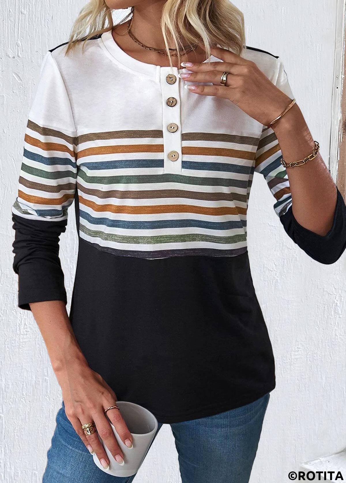 Multi Color tops,Black tops,Striped tops,Geometric tops,ROTITA Patchwork Striped Multi Color Round Neck T Shirt