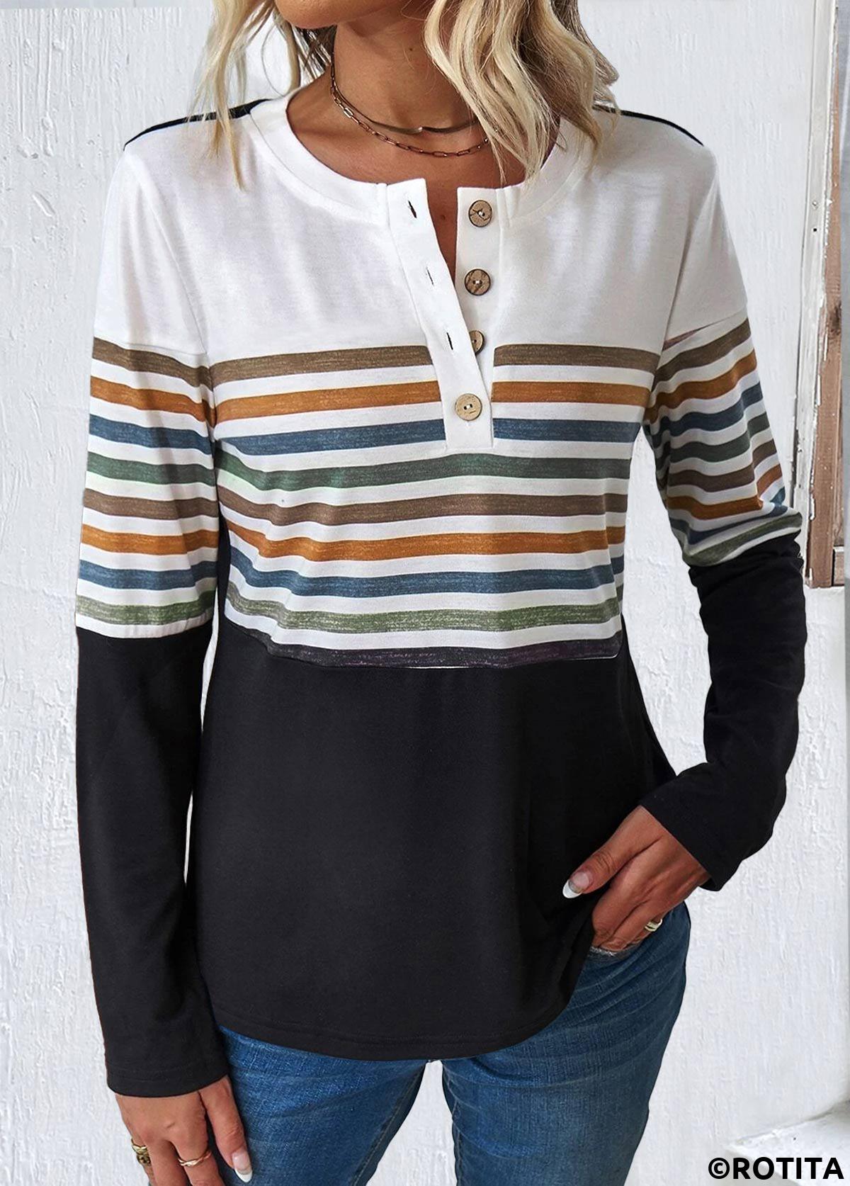 Multi Color tops,Black tops,Striped tops,Geometric tops,ROTITA Patchwork Striped Multi Color Round Neck T Shirt