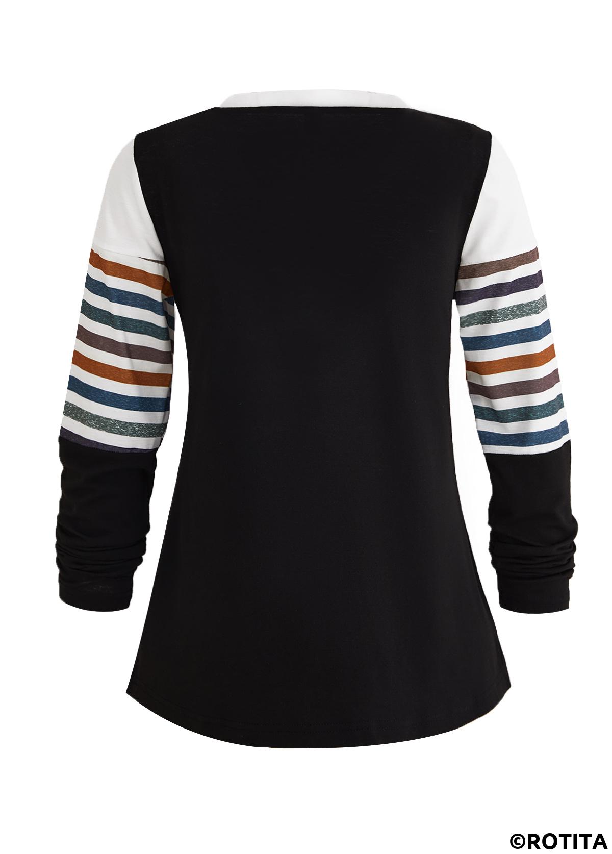 Multi Color tops,Black tops,Striped tops,Geometric tops,ROTITA Patchwork Striped Multi Color Round Neck T Shirt