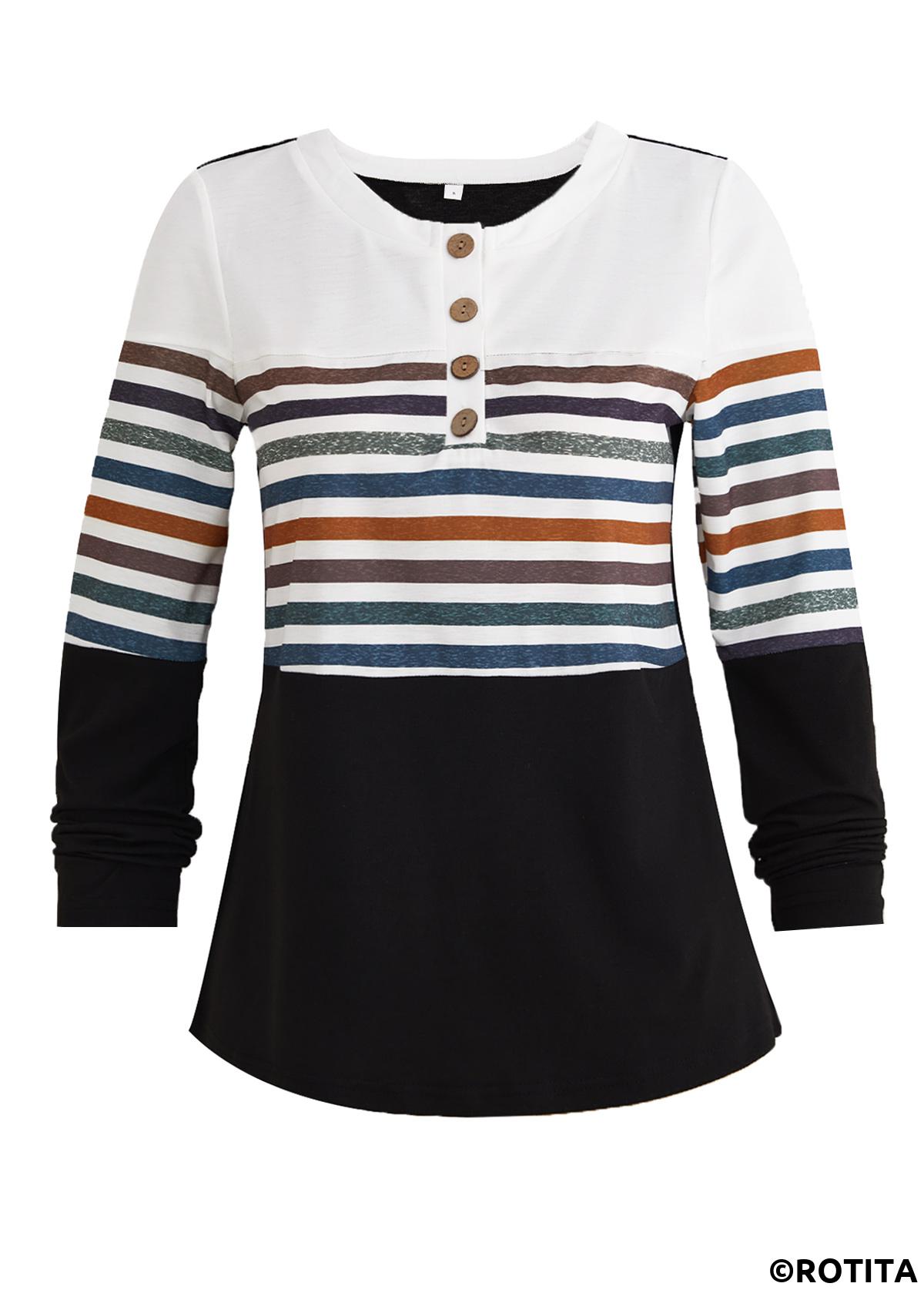 Multi Color tops,Black tops,Striped tops,Geometric tops,ROTITA Patchwork Striped Multi Color Round Neck T Shirt