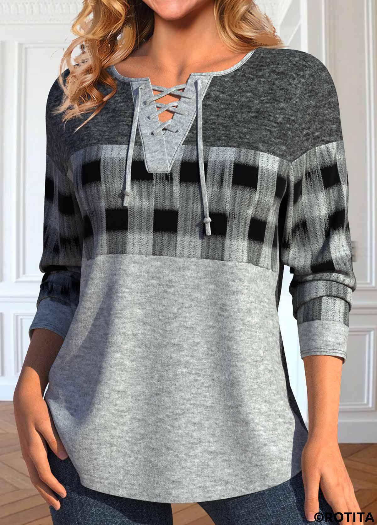 Light Grey Marl tops,Plaid tops,Geometric tops,ROTITA Lace Up Plaid Light Grey Marl T Shirt