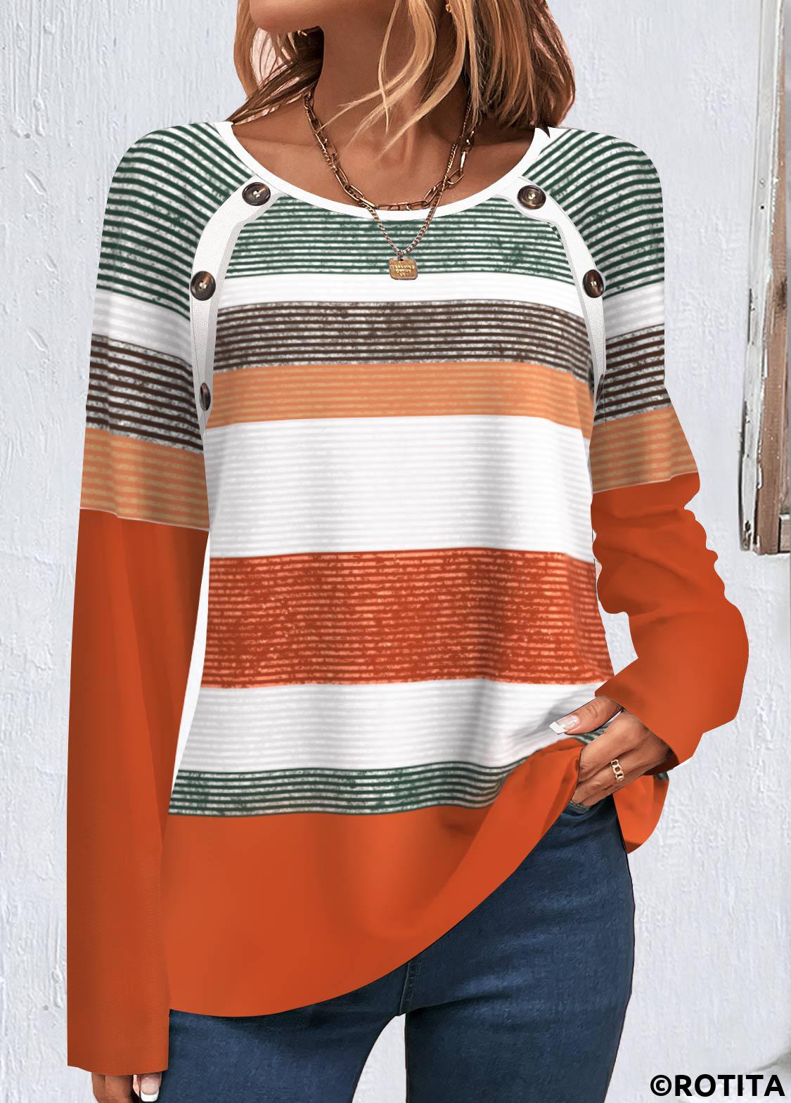 Orange tops,White tops,Striped tops,Geometric tops,ROTITA Button Multi Stripe Print Orange T Shirt