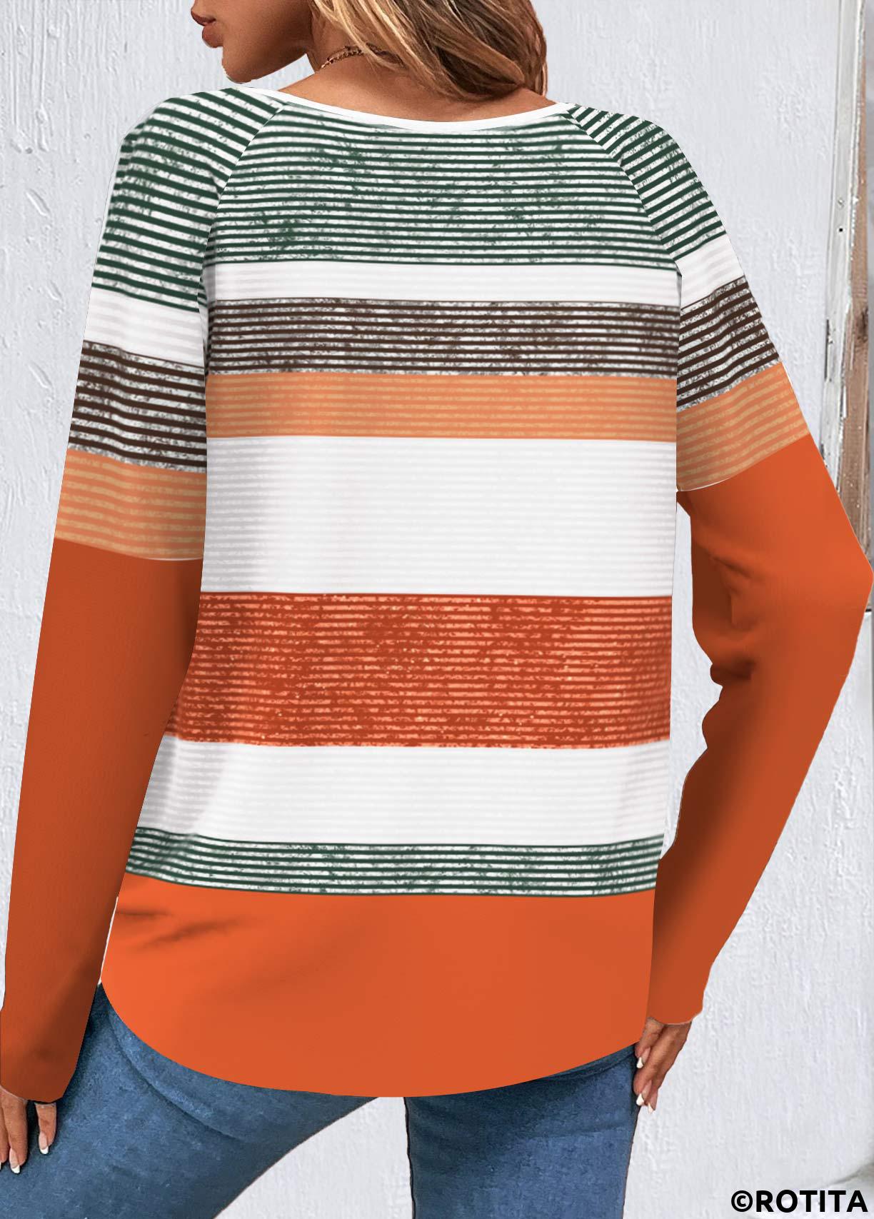 Orange tops,White tops,Striped tops,Geometric tops,ROTITA Button Multi Stripe Print Orange T Shirt
