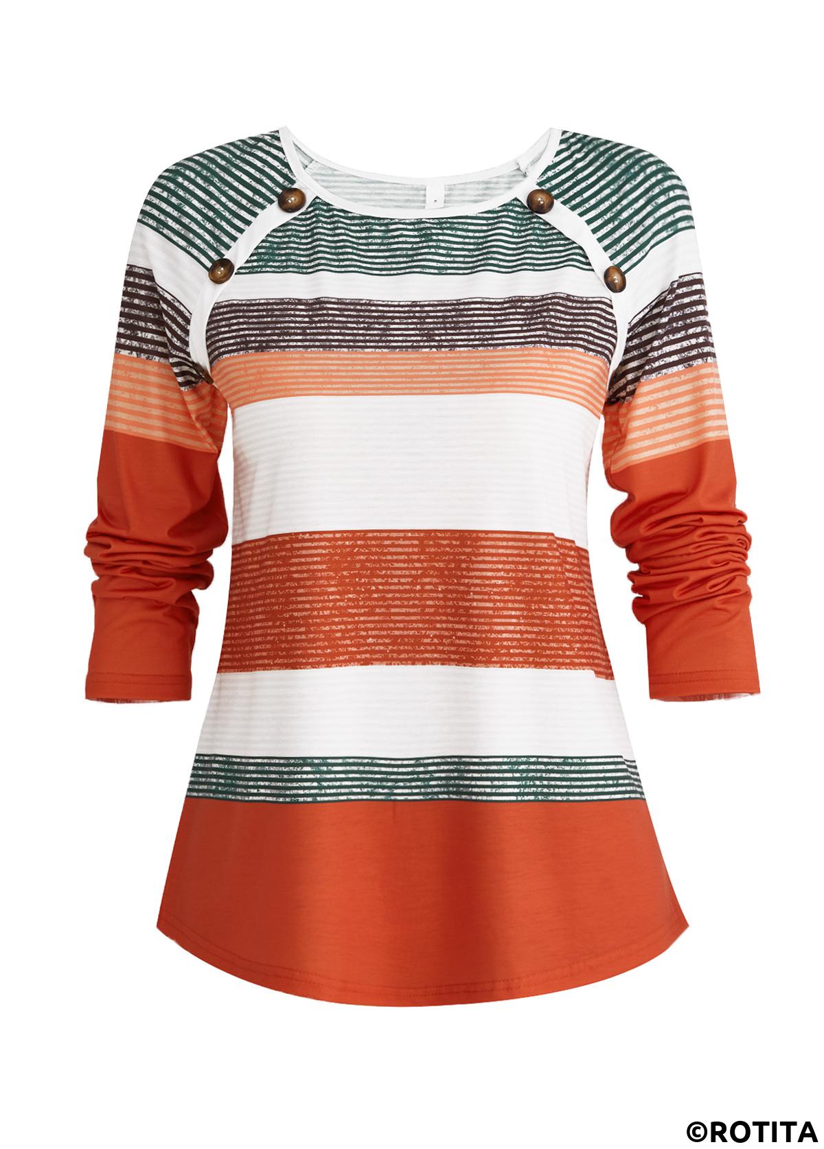 Orange tops,White tops,Striped tops,Geometric tops,ROTITA Button Multi Stripe Print Orange T Shirt