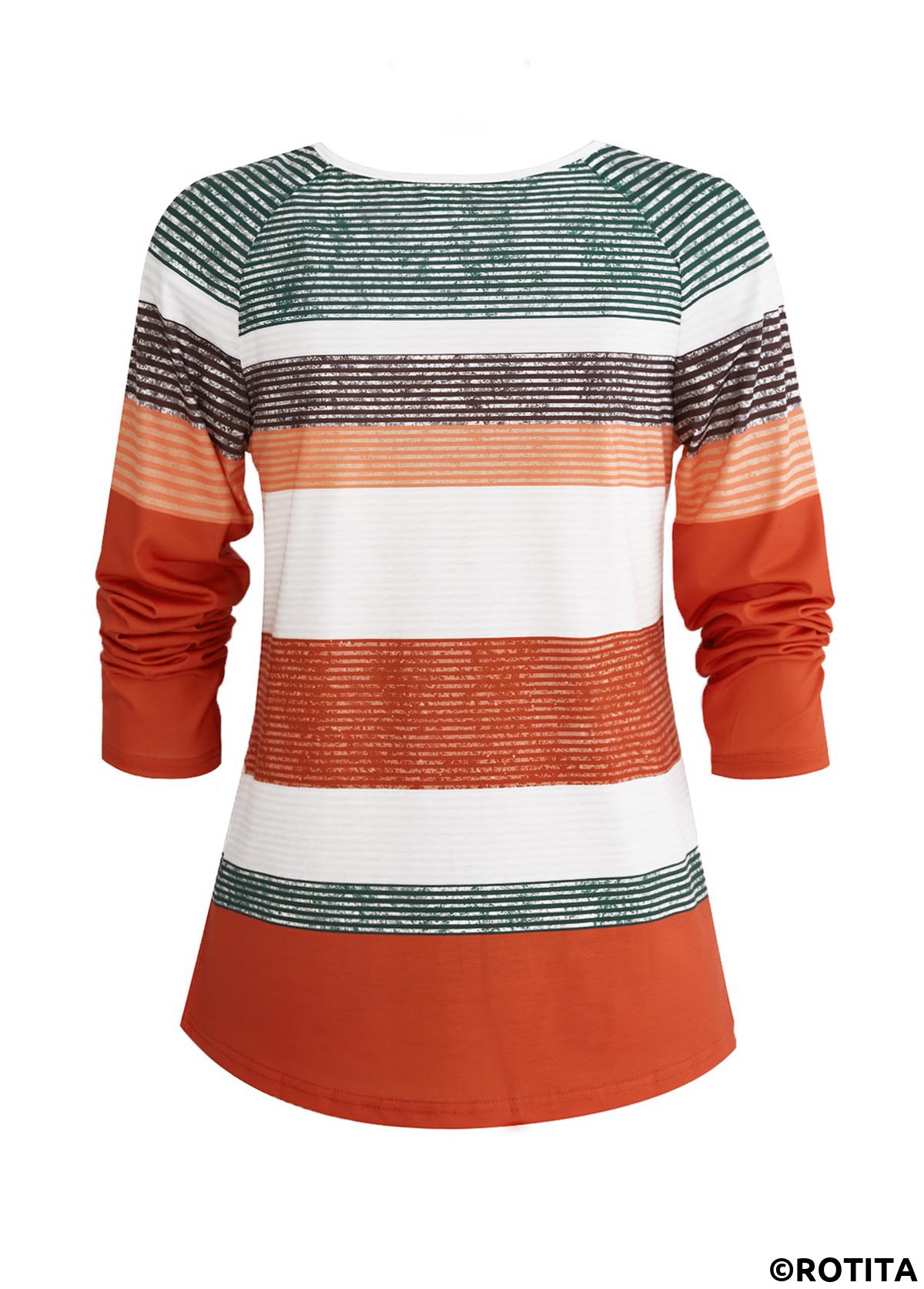 Orange tops,White tops,Striped tops,Geometric tops,ROTITA Button Multi Stripe Print Orange T Shirt