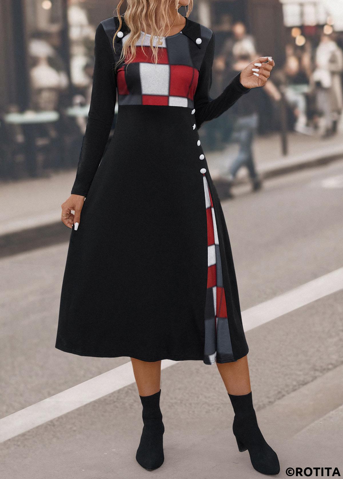 Black dresses,Plaid dresses,Geometric dresses,Striped dresses,Party dresses,Elegant dresses,Button Plaid Black Round Neck Dress