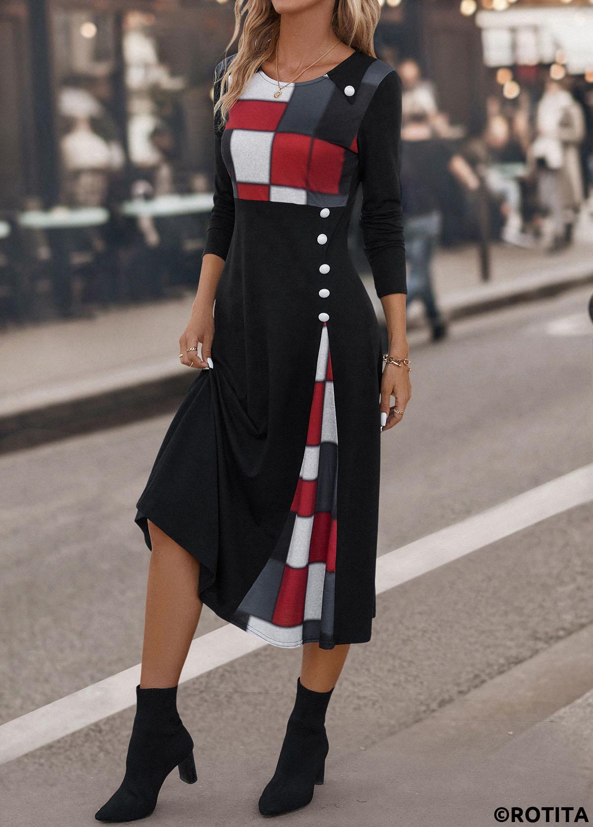 Black dresses,Plaid dresses,Geometric dresses,Striped dresses,Party dresses,Elegant dresses,Button Plaid Black Round Neck Dress