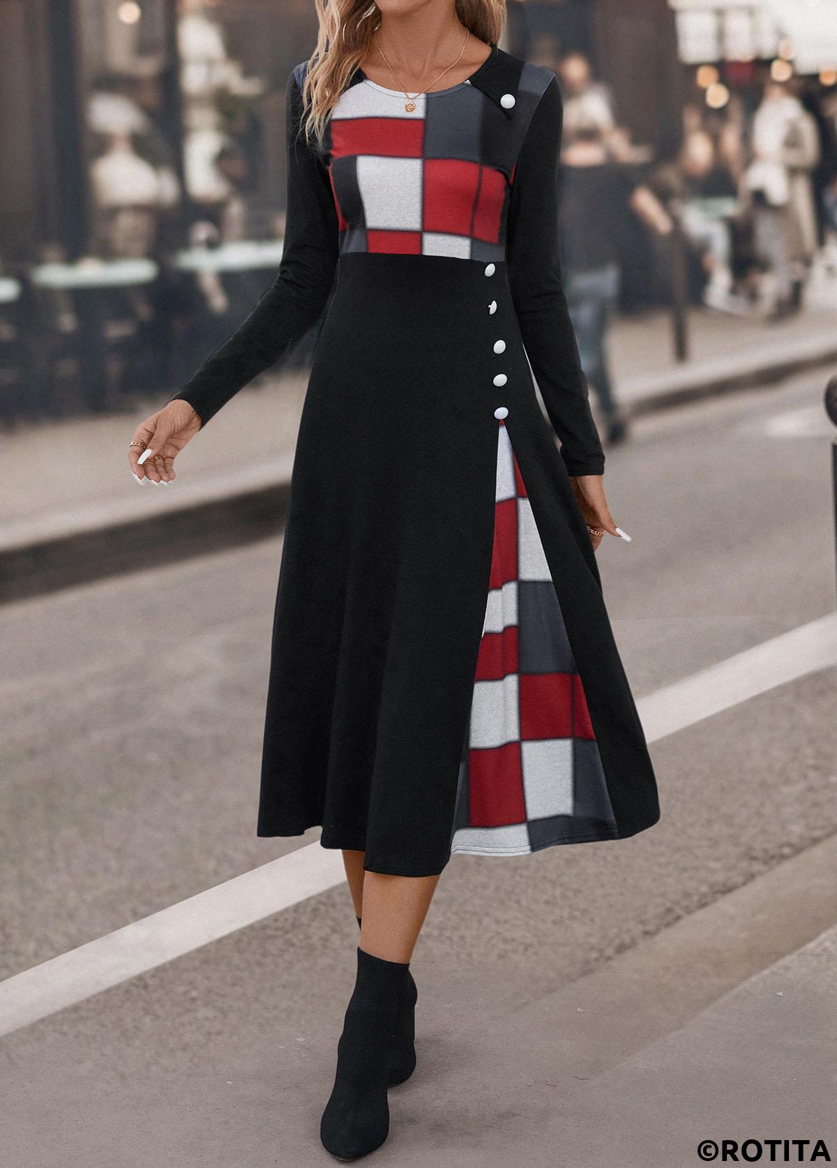 Black dresses,Plaid dresses,Geometric dresses,Striped dresses,Party dresses,Elegant dresses,Button Plaid Black Round Neck Dress