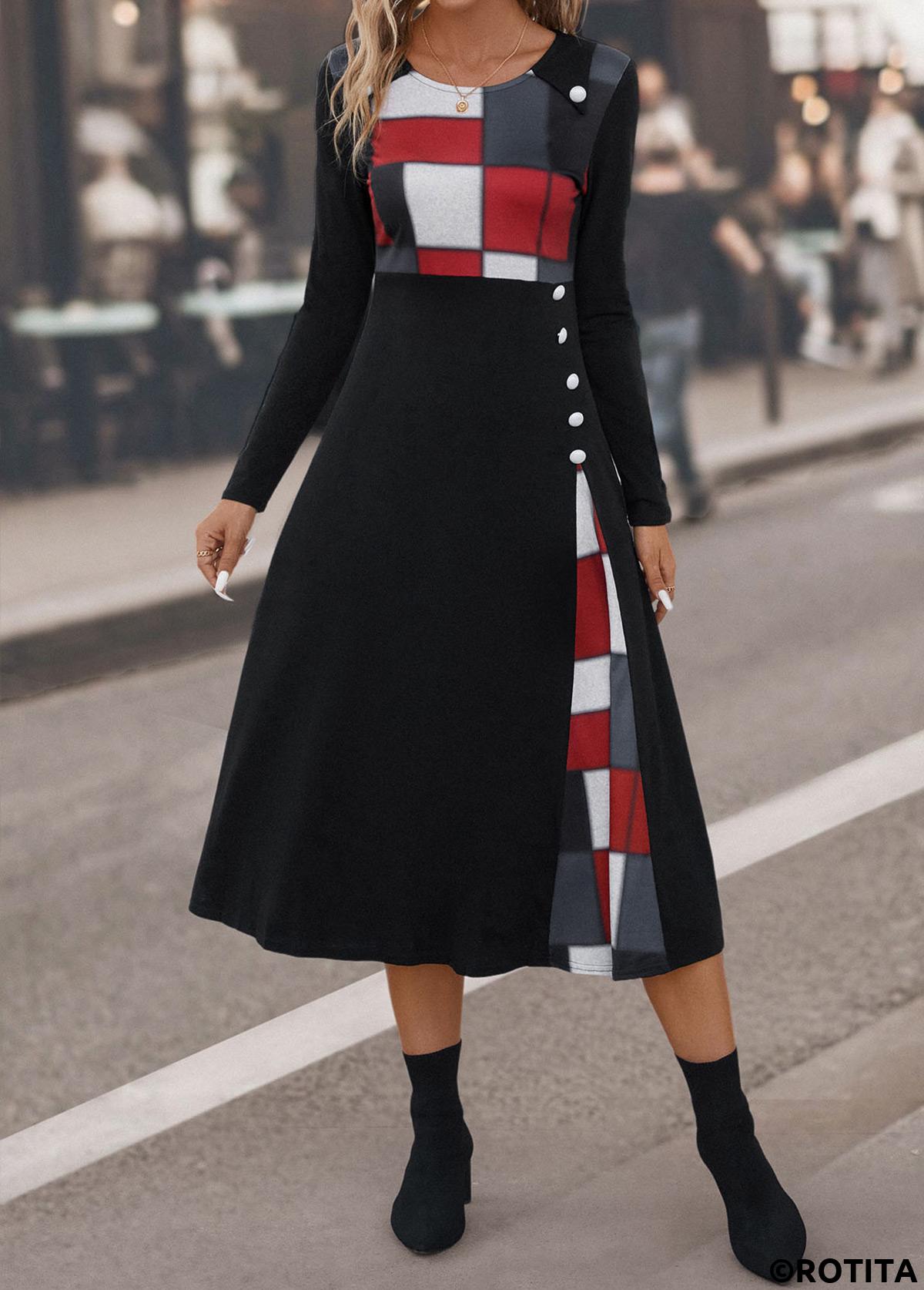 Black dresses,Plaid dresses,Geometric dresses,Striped dresses,Party dresses,Elegant dresses,Button Plaid Black Round Neck Dress