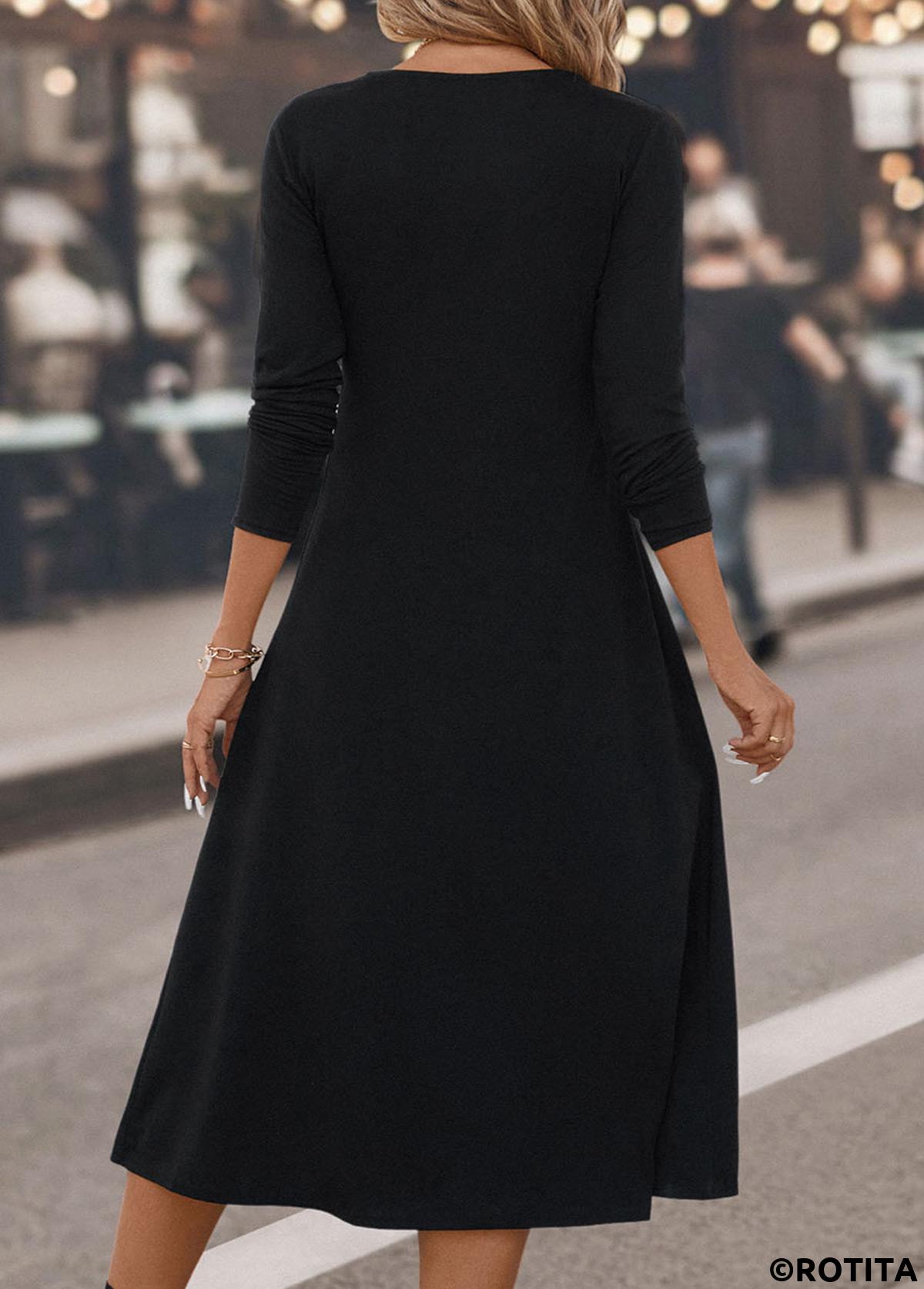 Black dresses,Plaid dresses,Geometric dresses,Striped dresses,Party dresses,Elegant dresses,Button Plaid Black Round Neck Dress