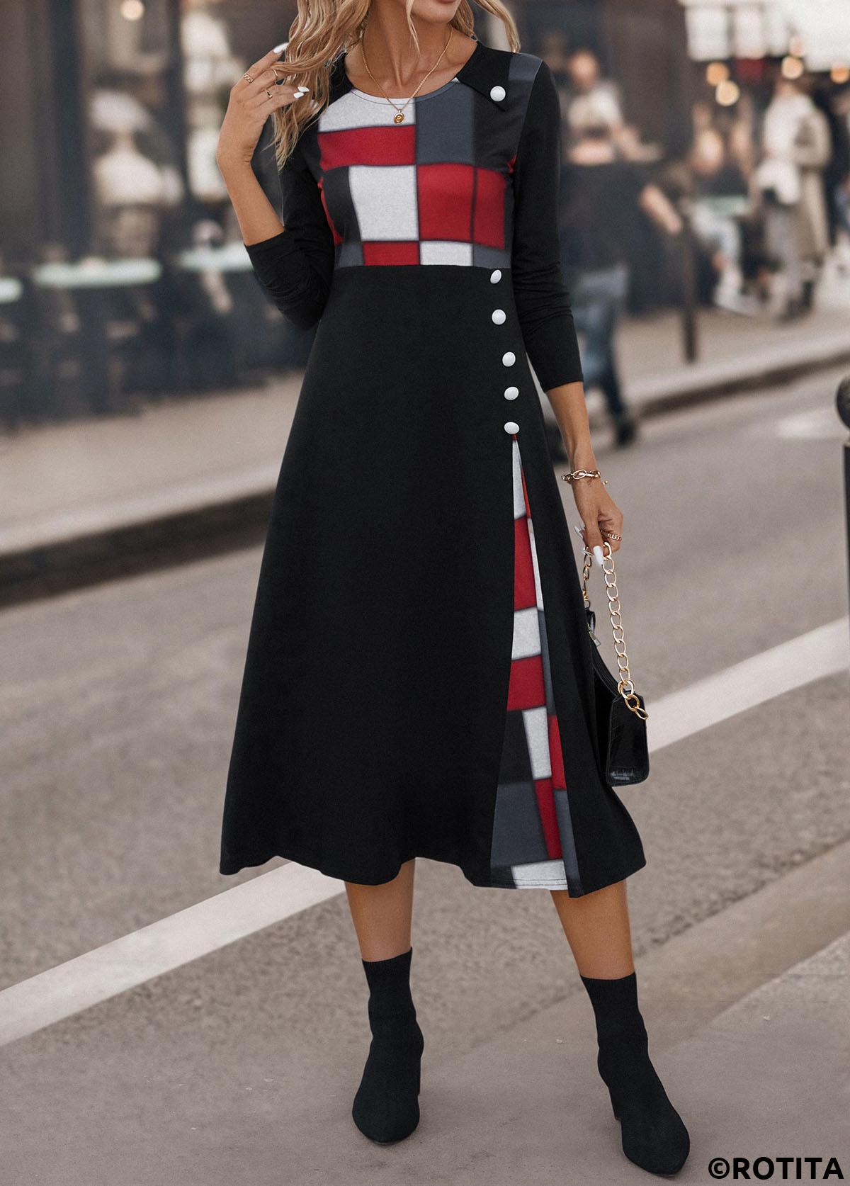 Black dresses,Plaid dresses,Geometric dresses,Striped dresses,Party dresses,Elegant dresses,Button Plaid Black Round Neck Dress