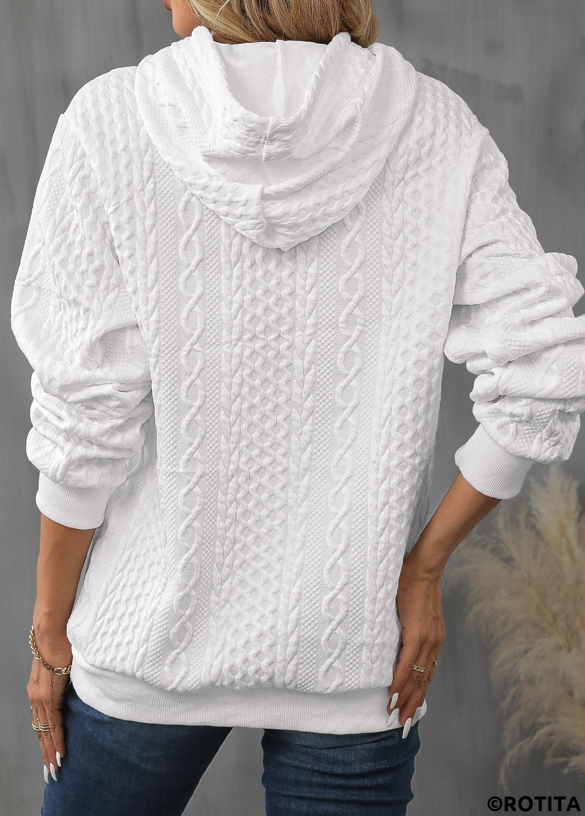 White tops,Plain Color tops,ROTITA Drawstring Detail White Long Sleeve Hoodie