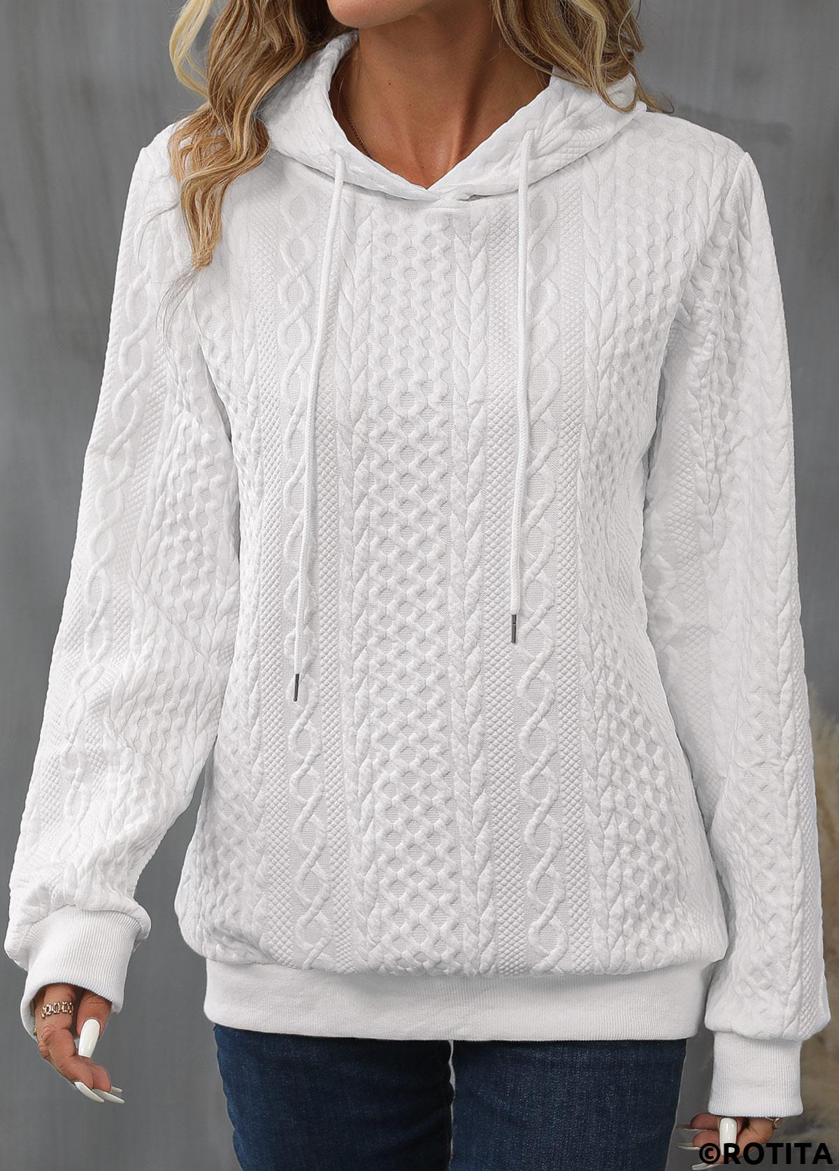 White tops,Plain Color tops,ROTITA Drawstring Detail White Long Sleeve Hoodie