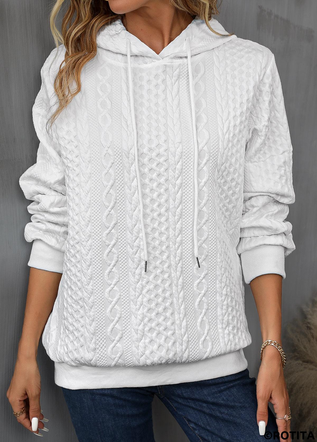 White tops,Plain Color tops,ROTITA Drawstring Detail White Long Sleeve Hoodie