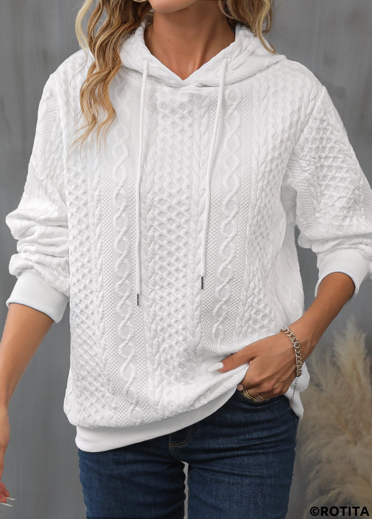 White tops,Plain Color tops,ROTITA Drawstring Detail White Long Sleeve Hoodie