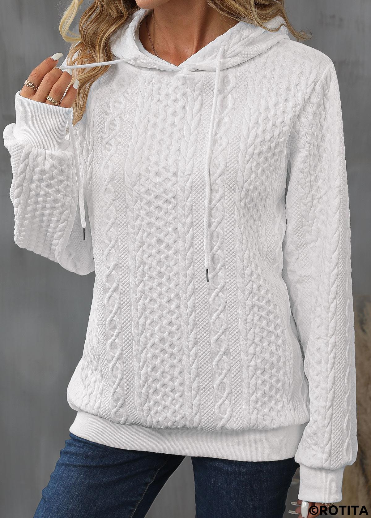 White tops,Plain Color tops,ROTITA Drawstring Detail White Long Sleeve Hoodie