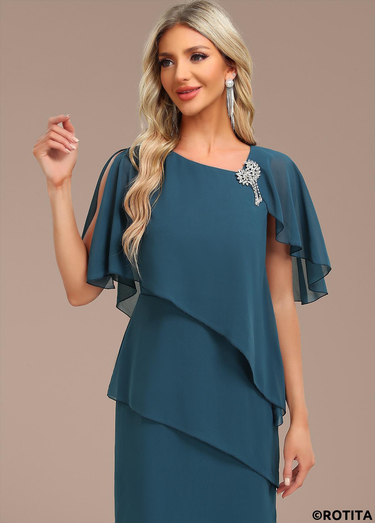 Peacock Blue dresses,Plain Color dresses,Party dresses,Elegant dresses,ROTITA Layered Peacock Blue Asymmetrical Neck Cape Sleeve Shift Dress