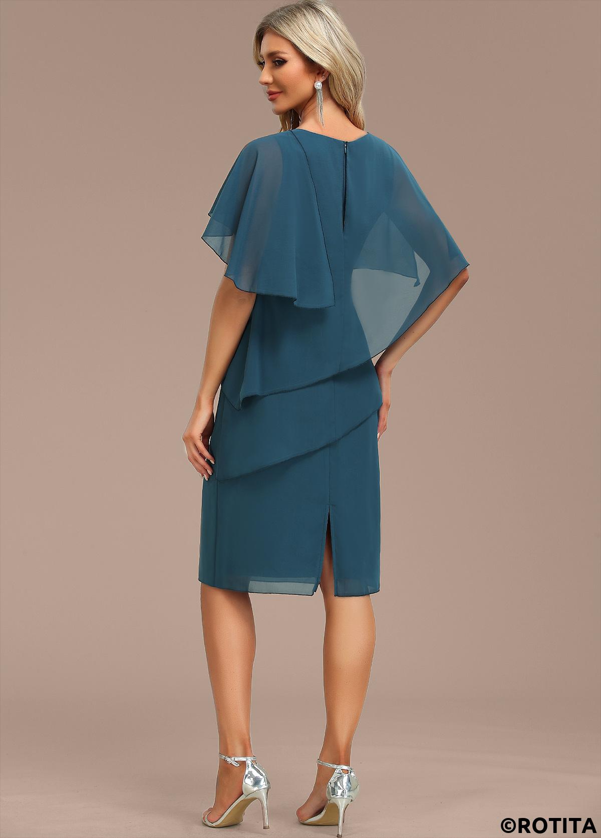 Peacock Blue dresses,Plain Color dresses,Party dresses,Elegant dresses,ROTITA Layered Peacock Blue Asymmetrical Neck Cape Sleeve Shift Dress