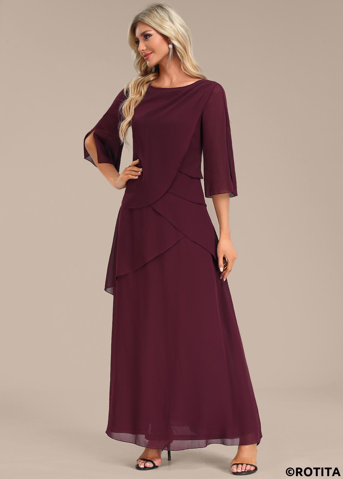Wine Red dresses,Plain Color dresses,Party dresses,Elegant dresses,ROTITA Breathable Wine Red A Line Maxi Dress