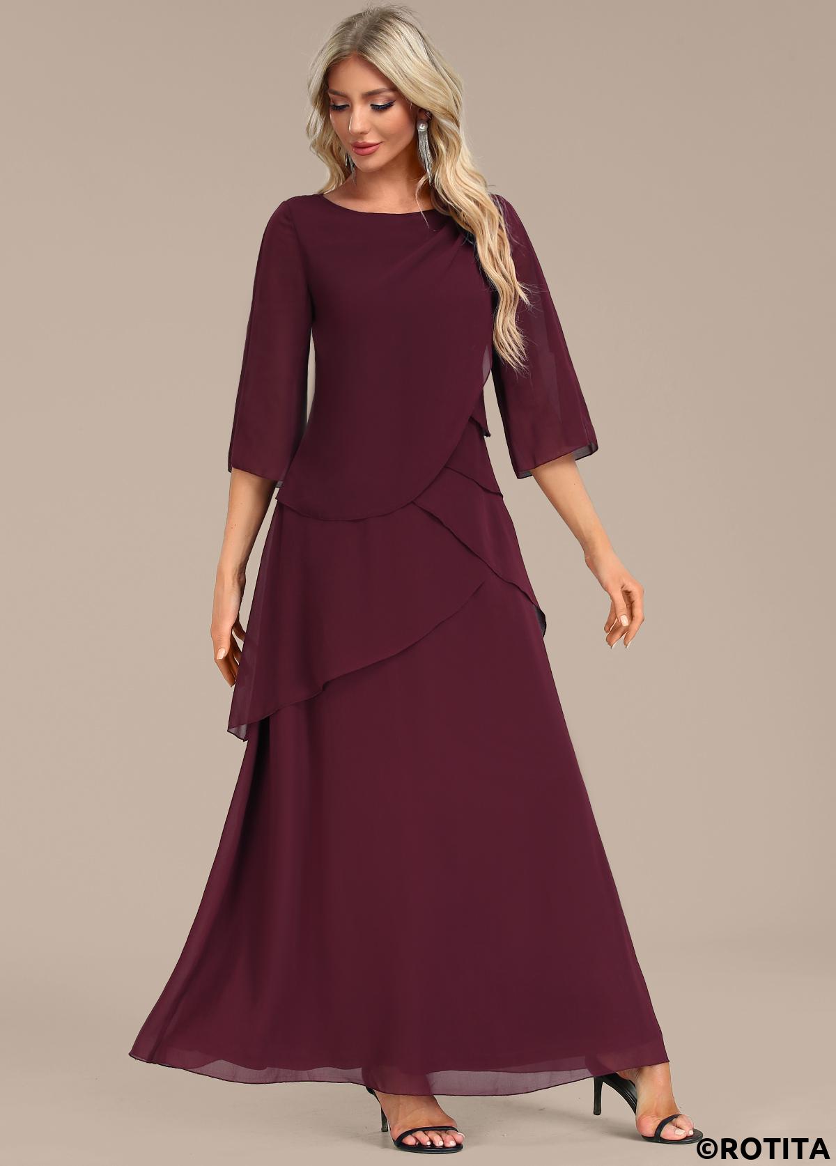 Wine Red dresses,Plain Color dresses,Party dresses,Elegant dresses,ROTITA Breathable Wine Red A Line Maxi Dress