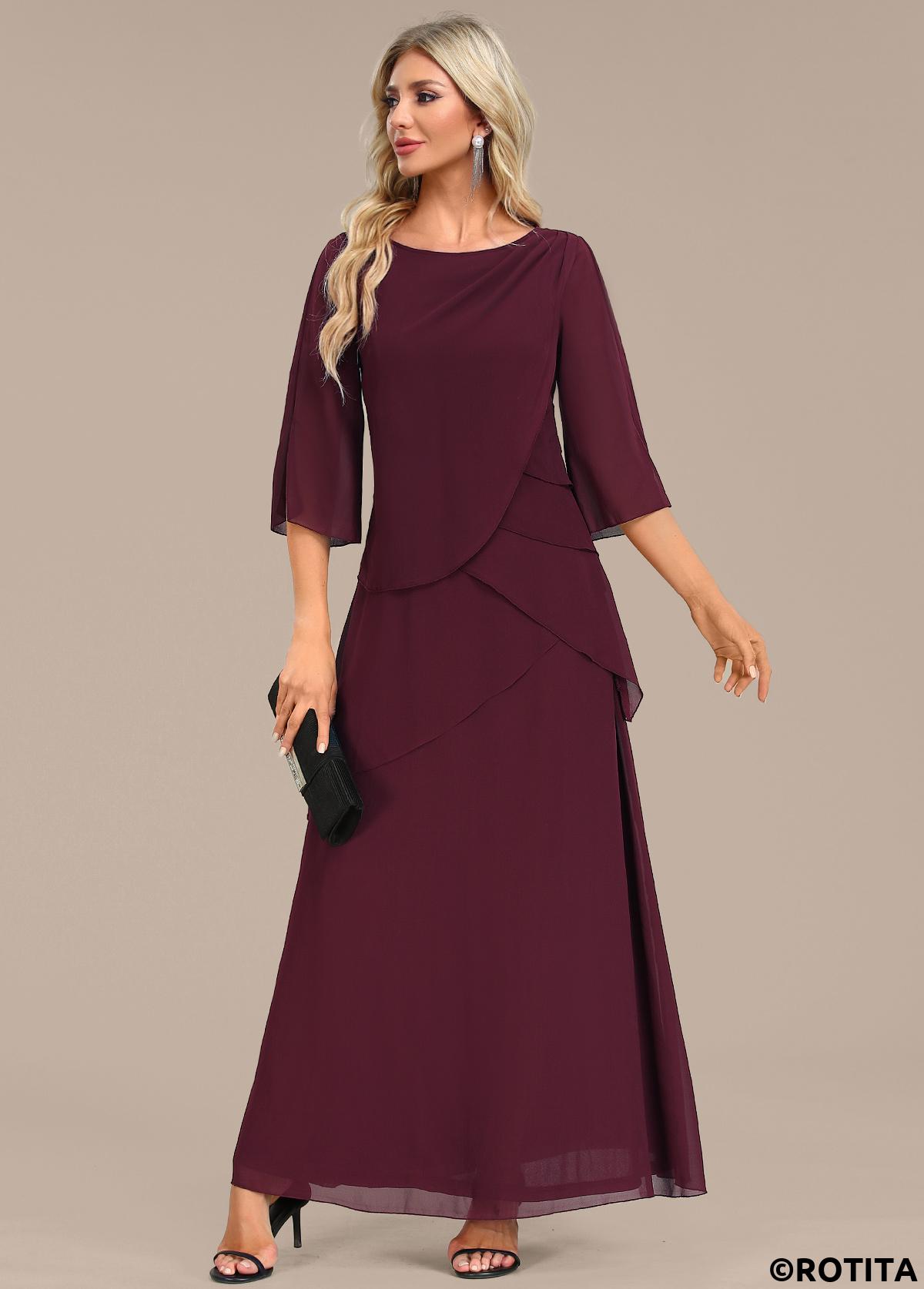 Wine Red dresses,Plain Color dresses,Party dresses,Elegant dresses,ROTITA Breathable Wine Red A Line Maxi Dress