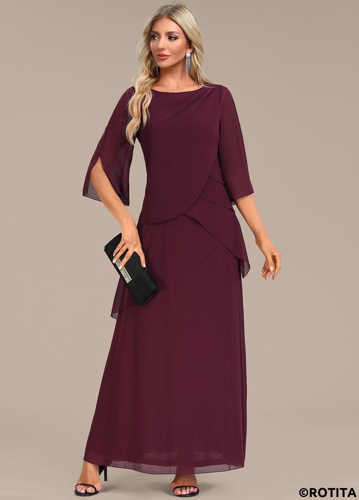 Wine Red dresses,Plain Color dresses,Party dresses,Elegant dresses,ROTITA Breathable Wine Red A Line Maxi Dress