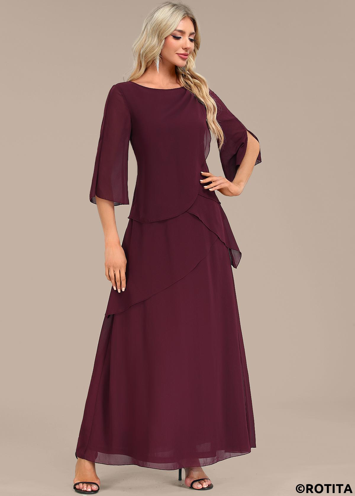 Wine Red dresses,Plain Color dresses,Party dresses,Elegant dresses,ROTITA Breathable Wine Red A Line Maxi Dress