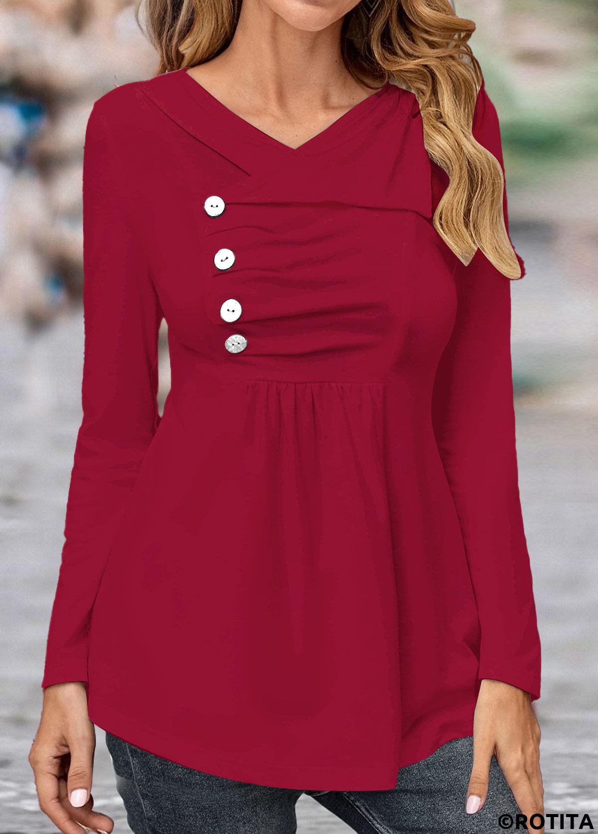 ROTITA Asymmetry Wine Red Turn Down Collar T Shirt