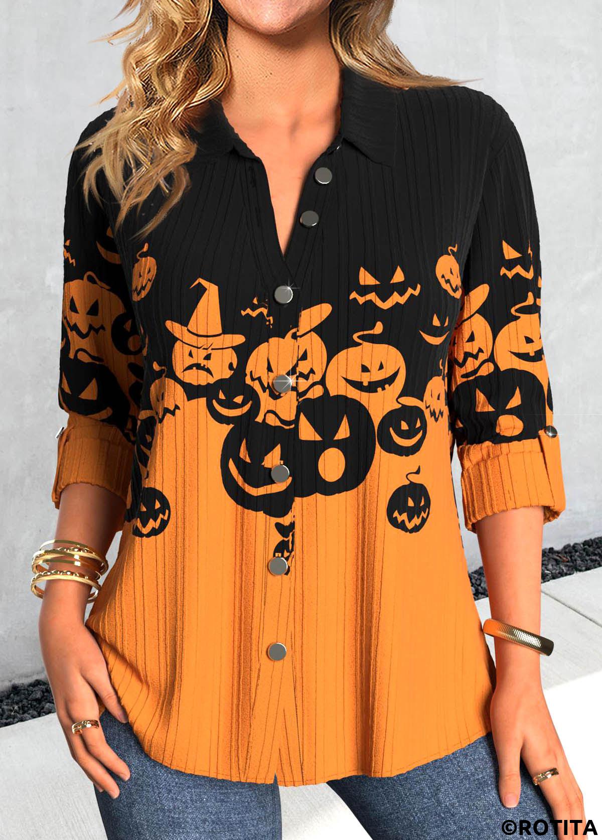 Orange tops,Black tops,Halloween tops,ROTITA Button Halloween Pumpkin Print Orange Shirt Collar Blouse