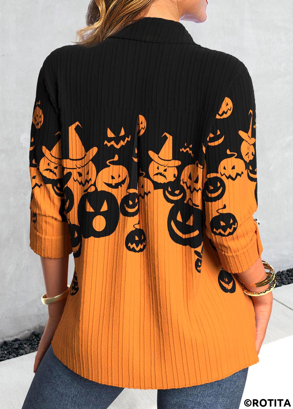 Orange tops,Black tops,Halloween tops,ROTITA Button Halloween Pumpkin Print Orange Shirt Collar Blouse