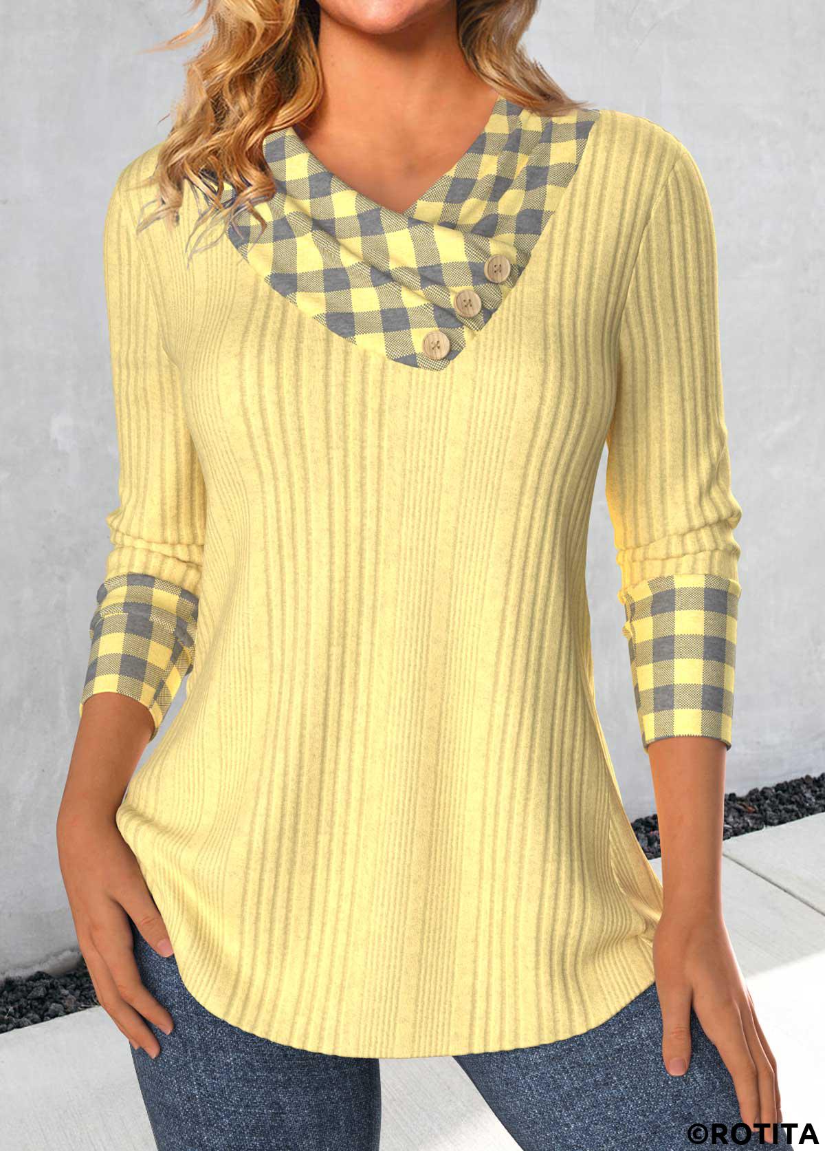 Light Yellow tops,Plaid tops,Striped tops,Geometric tops,ROTITA Patchwork Plaid Light Yellow V Neck T Shirt