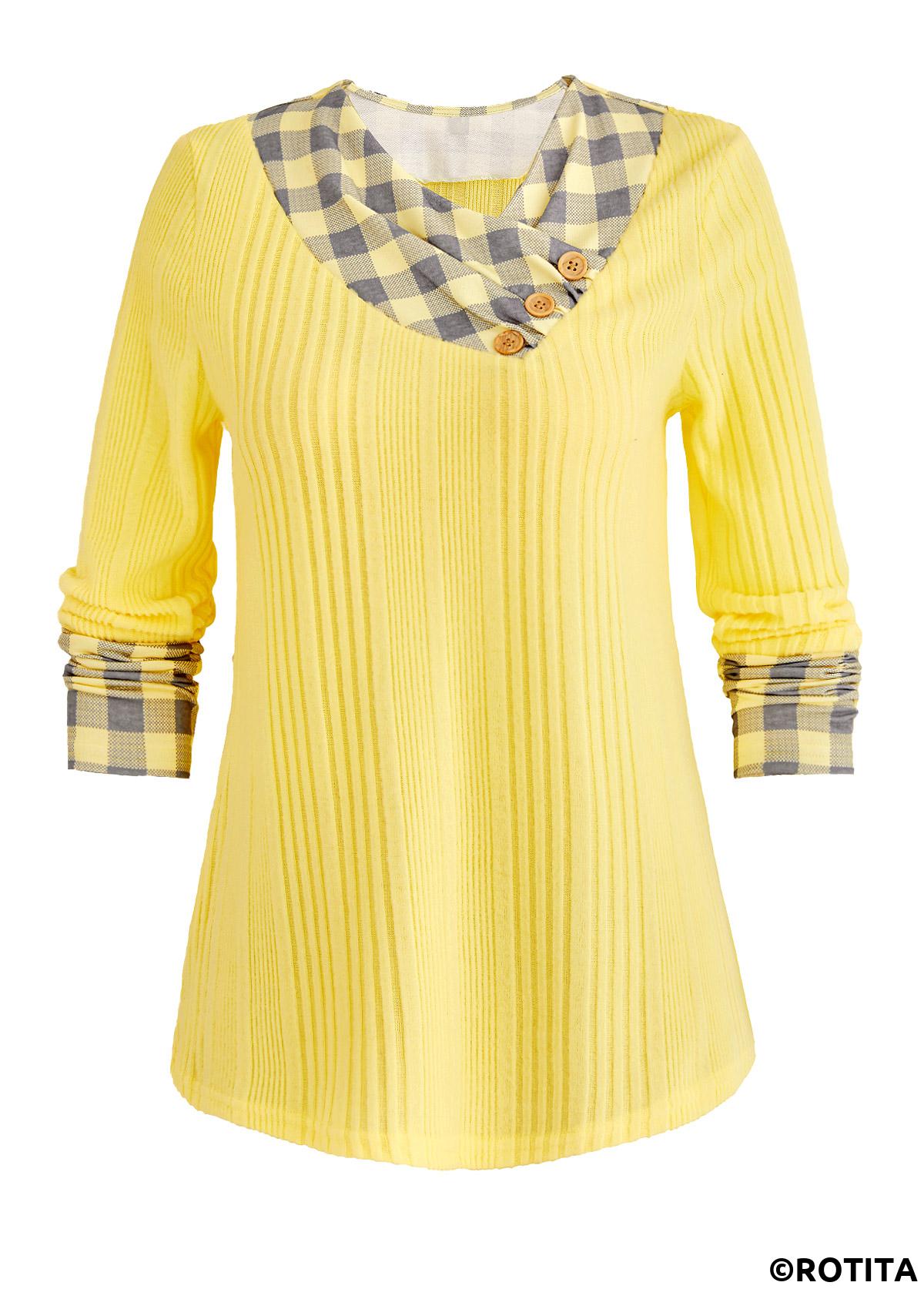Light Yellow tops,Plaid tops,Striped tops,Geometric tops,ROTITA Patchwork Plaid Light Yellow V Neck T Shirt