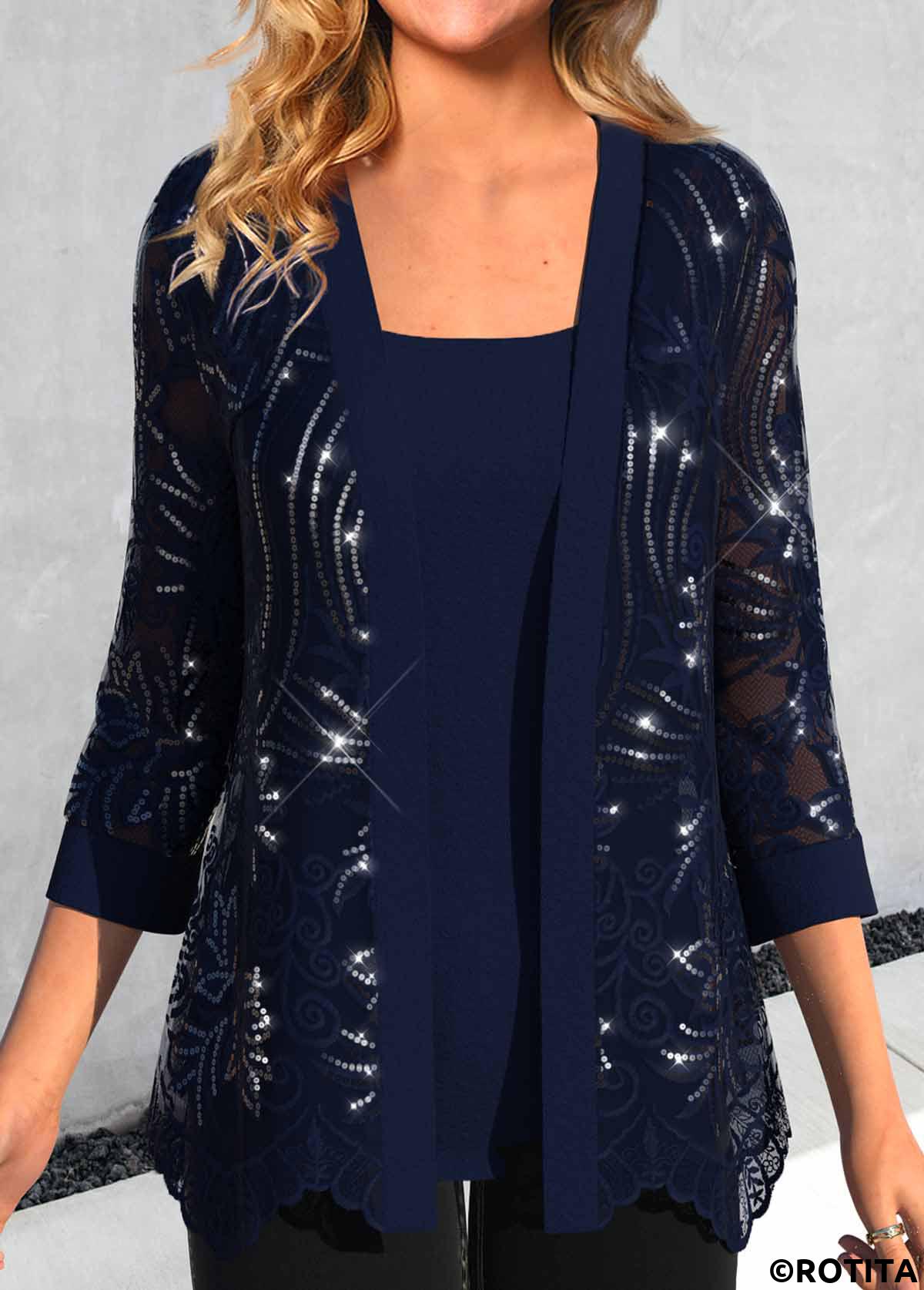 Navy tops,Plain Color tops,ROTITA Navy Scoop Neck Long Sleeve Cardigan and Tank Top