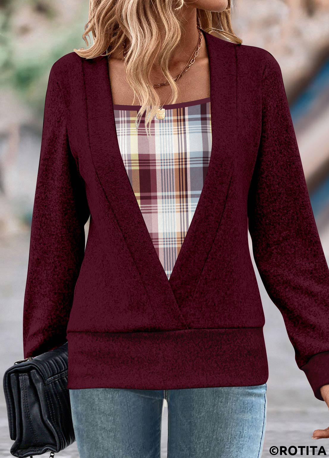Wine Red tops,Plaid tops,Striped tops,Geometric tops,ROTITA Fake 2in1 Plaid Wine Red Square Neck Sweatshirt