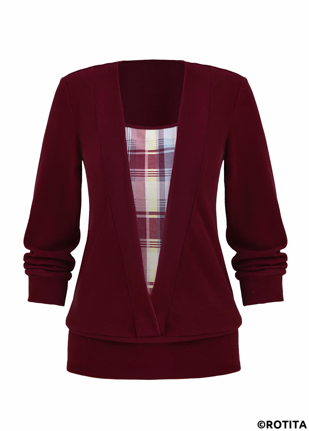Wine Red tops,Plaid tops,Striped tops,Geometric tops,ROTITA Fake 2in1 Plaid Wine Red Square Neck Sweatshirt