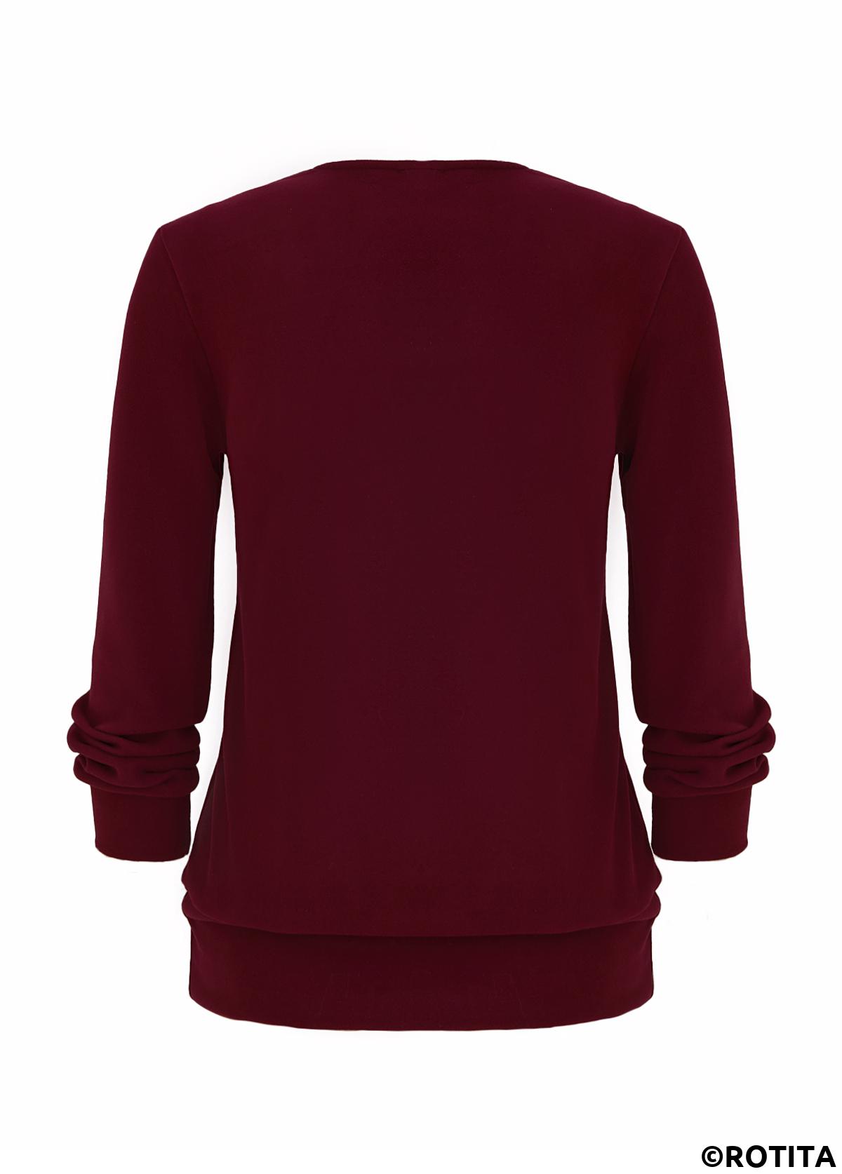 Wine Red tops,Plaid tops,Striped tops,Geometric tops,ROTITA Fake 2in1 Plaid Wine Red Square Neck Sweatshirt