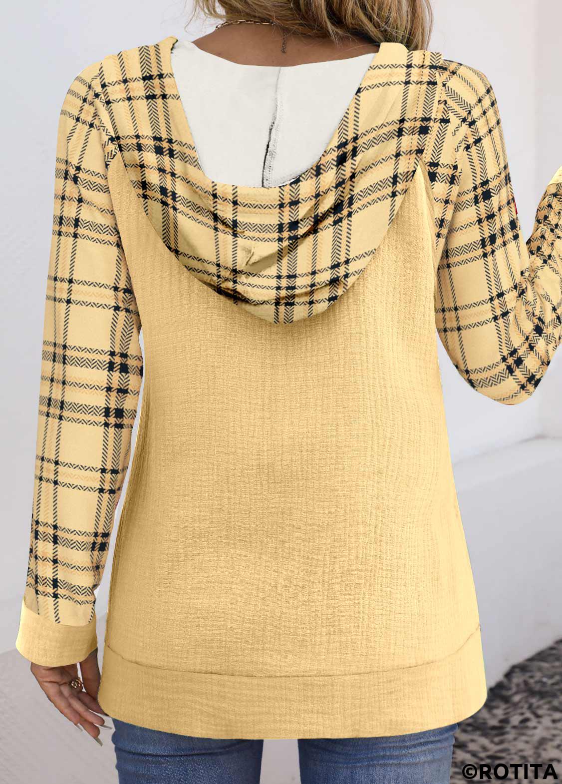 Light Yellow tops,Plaid tops,Geometric tops,Striped tops,ROTITA Patchwork Plaid Light Yellow Long Sleeve Hoodie