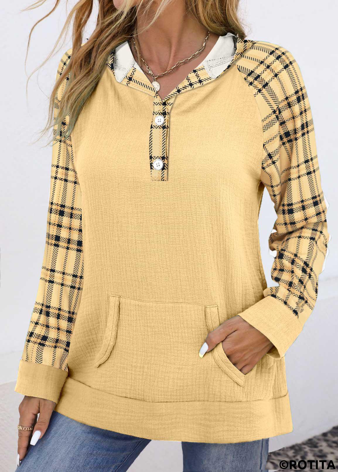 Light Yellow tops,Plaid tops,Geometric tops,Striped tops,ROTITA Patchwork Plaid Light Yellow Long Sleeve Hoodie