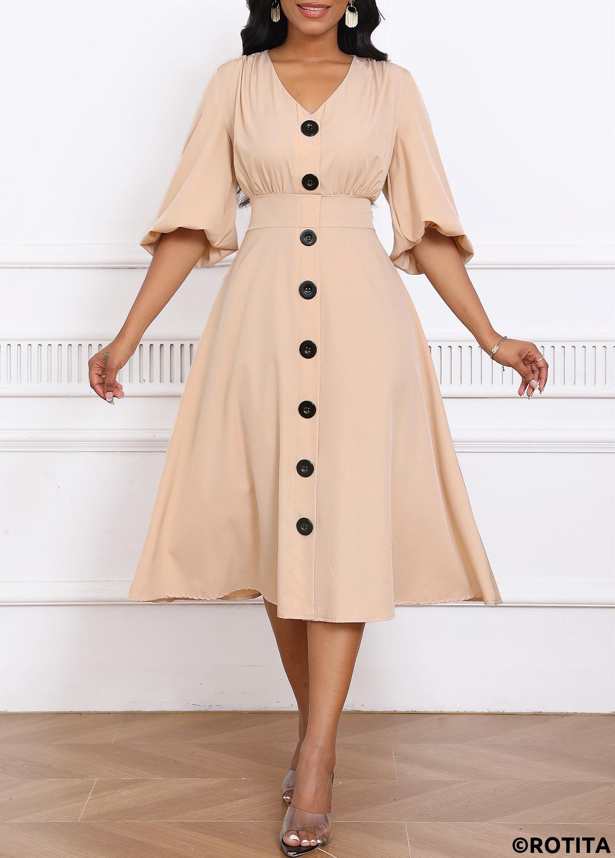 Light Camel dresses,Plain Color dresses,Party dresses,Elegant dresses,ROTITA Umbrella Hem Light Camel V Neck Dress