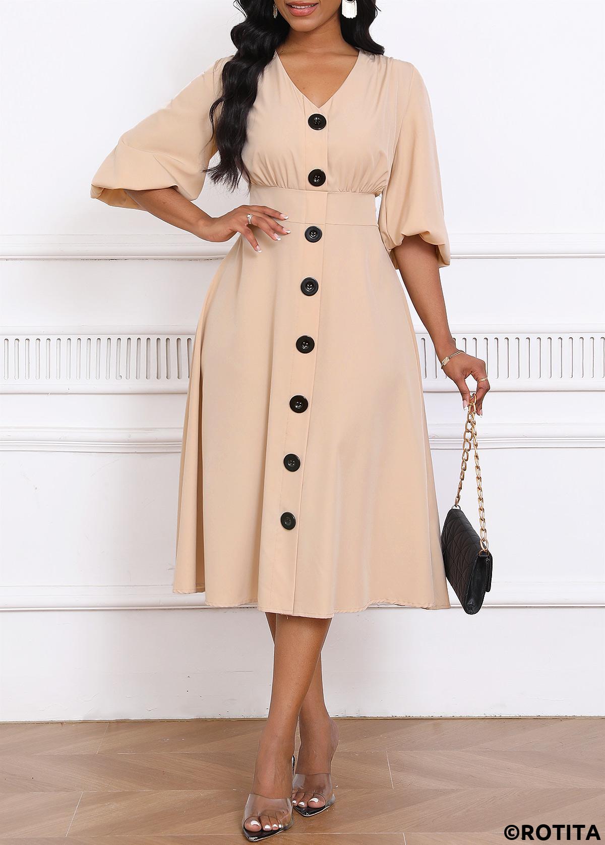 Light Camel dresses,Plain Color dresses,Party dresses,Elegant dresses,ROTITA Umbrella Hem Light Camel V Neck Dress