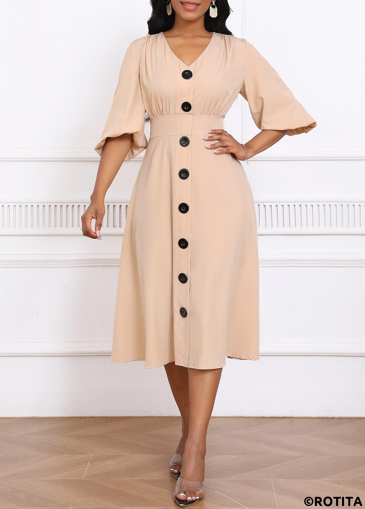 Light Camel dresses,Plain Color dresses,Party dresses,Elegant dresses,ROTITA Umbrella Hem Light Camel V Neck Dress