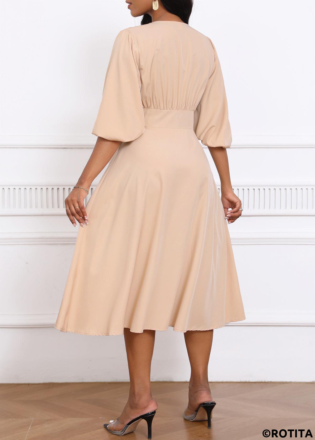 Light Camel dresses,Plain Color dresses,Party dresses,Elegant dresses,ROTITA Umbrella Hem Light Camel V Neck Dress