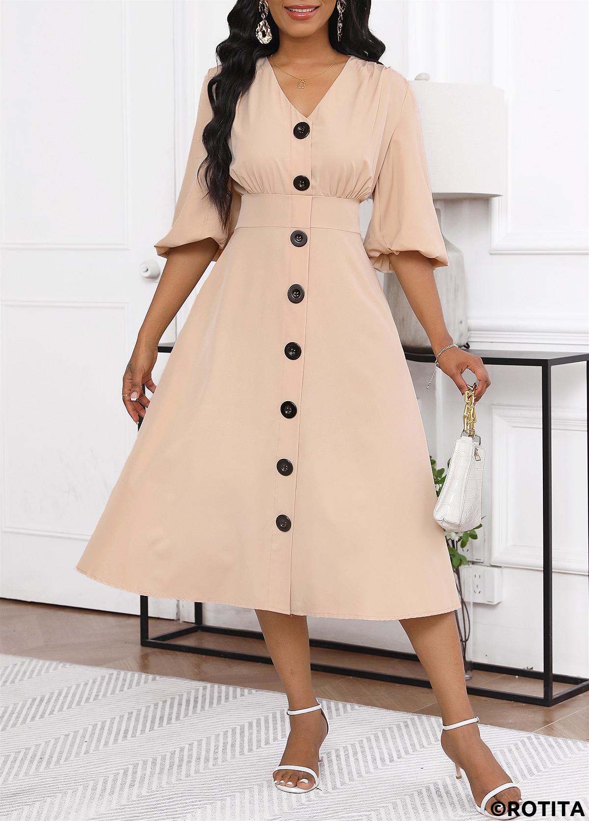 Light Camel dresses,Plain Color dresses,Party dresses,Elegant dresses,ROTITA Umbrella Hem Light Camel V Neck Dress
