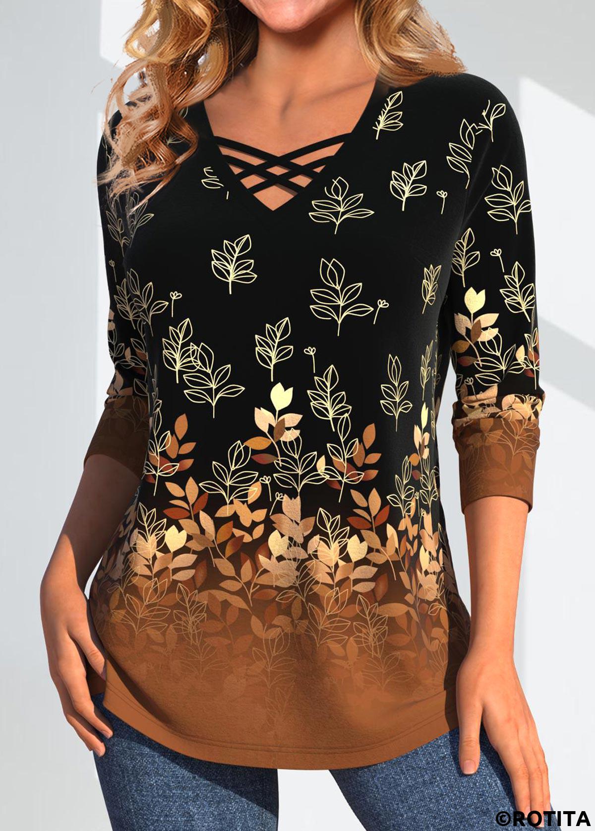 Dark Camel plus size,Black plus size,Plants plus size,Floral plus size,Ombre plus size,ROTITA Plus Size Criss Cross Dark Camel T Shirt